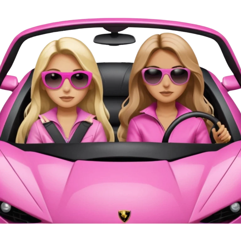 Add sunglasses Make car far away so I can see full car Car facing forward in sports car. Make hair long  two girls in car far away Front of car sitting in the seats. Make it a pink sports car. They are two baddies make it a Lamborghini pink car  emoji