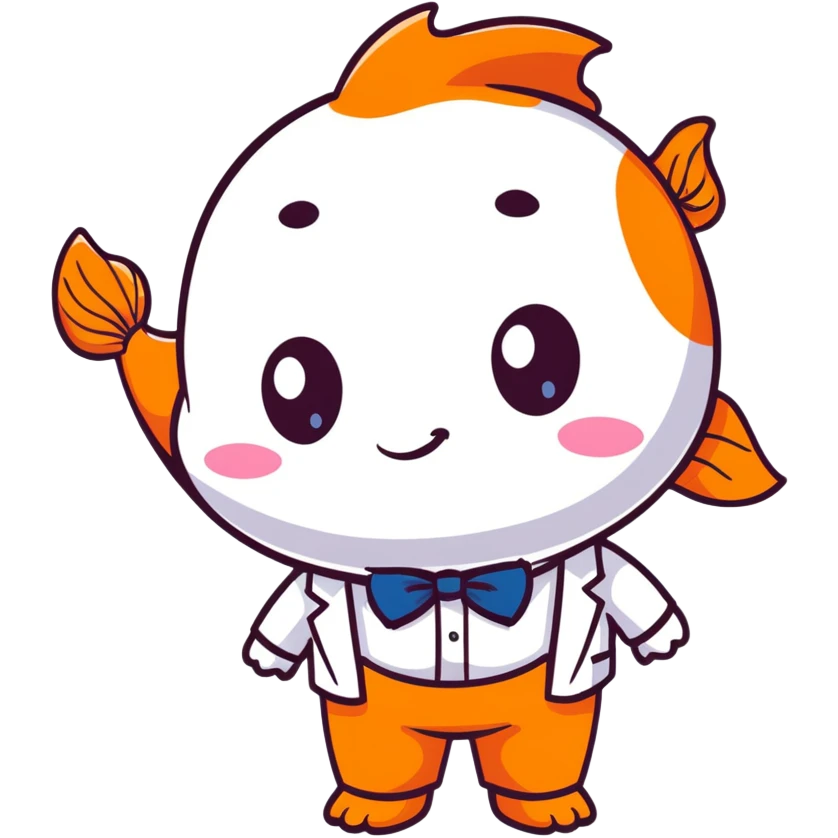 A super kawaii koi fish character with enormous cute eyes, blushing cheeks, bubbly playful expression, orange and white patterns, wearing a tiny business suit with bowtie emoji