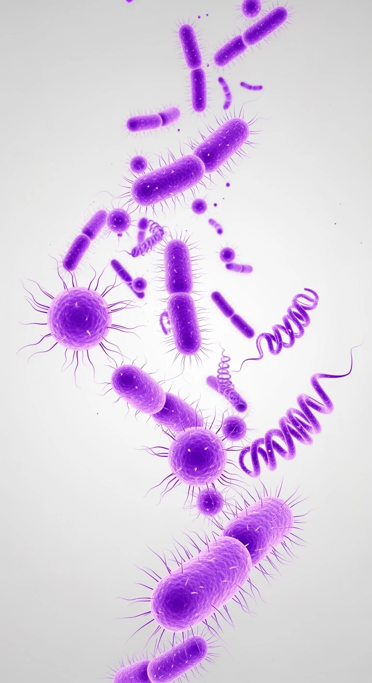BATTERI INTESTINALI VIOLA FLUTTUANO IN ARIA, SFONDO BIANCO emoji