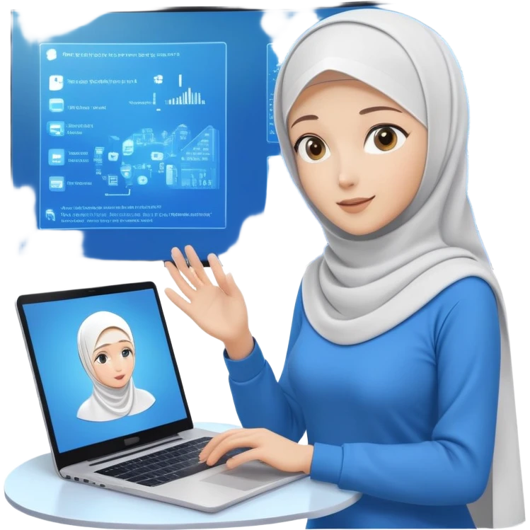 computer engineer with white hijab wearing blue outfit, no glasses, presenting her metaverse creation with a large digital screen behind her displaying virtual worlds and code, laptop open in front of her showing programming interface emoji