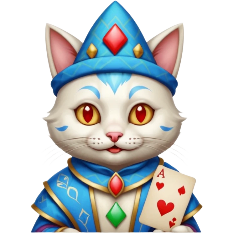 crazy colorful cute little cat jolly joker from poker, medieval, vintage, court jester, mac os icon, blue color, holds an ace poker card (clearly detailed and precise) emoji