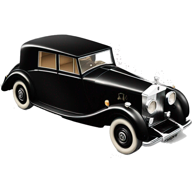 Vintage 1930s Rolls-Royce with sleek black body, round headlights, silver grille, Spirit of Ecstasy hood ornament, and chrome wheel caps emoji