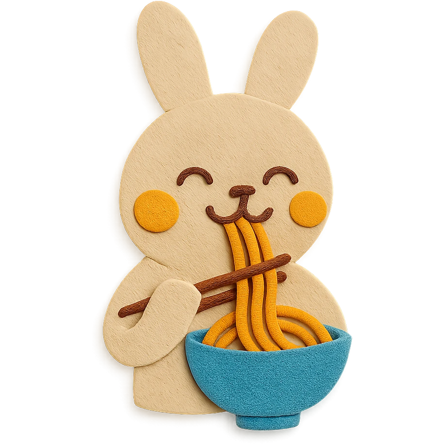 beige bunny happily slurping noodles, chopsticks held properly, paper-craft style emoji