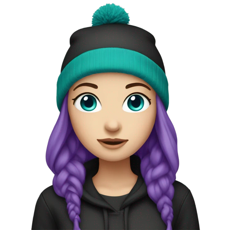 White girl, black hoodie, teal hair, purple beanie hat, blue eyes emoji