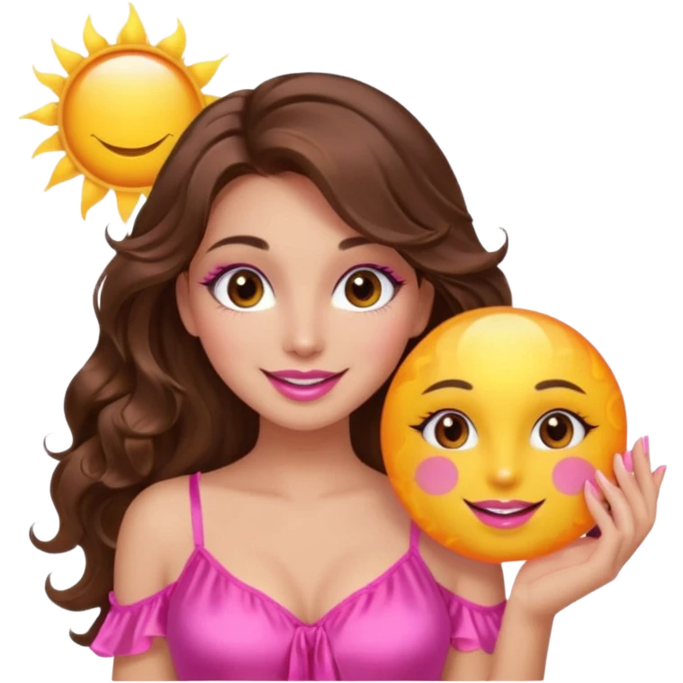 girl with long wavy brown hair, brown eyes, long lashes makeup, sexy pink lips, smiling, light to medium complexion, wearing a pink sexy silk top, holding a big sun emoji