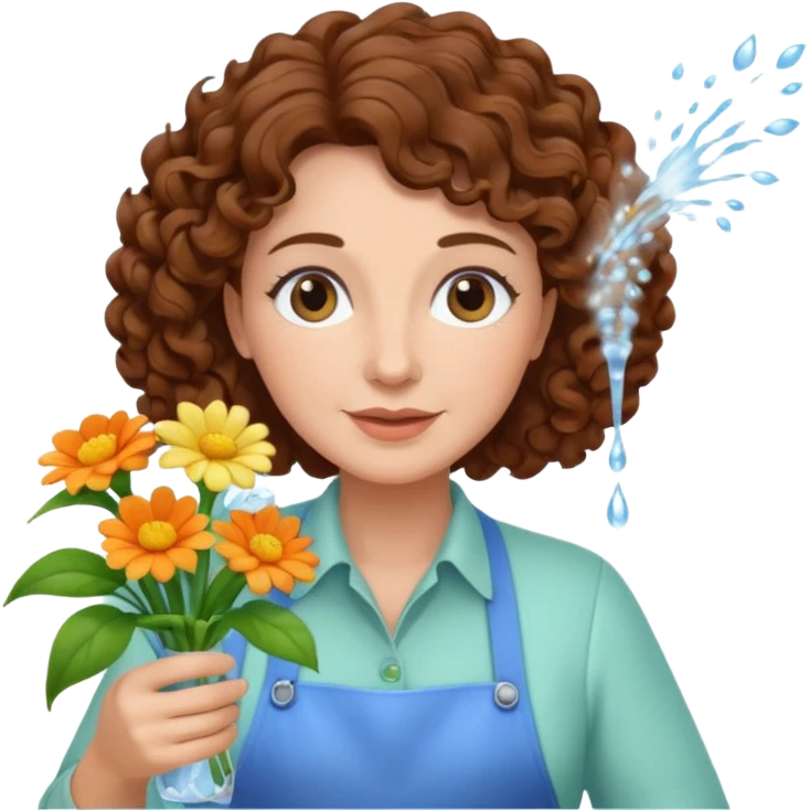 Older female florist – curly hair, spraying water on fresh flowers emoji