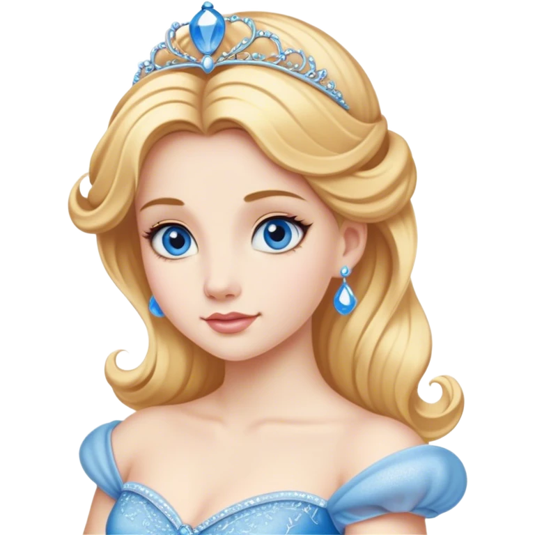 Cinematic Realistic Noble Cinderella Portrait, depicted with porcelain skin rendered in lifelike detail and soft, natural lighting that highlights every delicate nuance. Her intricately styled golden-blonde hair is arranged in an elegant updo, and her deep, expressive blue eyes radiate quiet determination. She wears her classic ball gown with rich fabric textures and delicate folds catching the light beautifully, all set against a subtly glowing, natural background that captures the essence of timeless royal grace. emoji