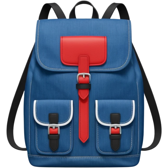 Minimalist emoji-style icon of a stylish blue denim backpack with a flap top, two vertical black buckle straps, a large red-white-navy horizontal block in the center, and two zipper side pockets. Inspired by Tommy Jeans design. Front view, cartoon-like, clean design.

 emoji
