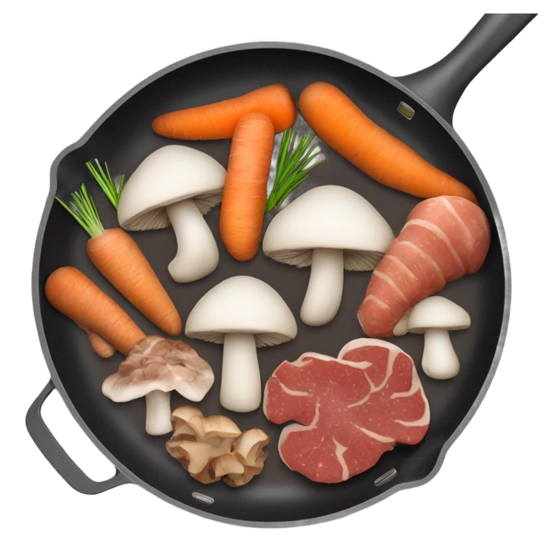 mushroom, carrots meat pieces   in pan in air emoji