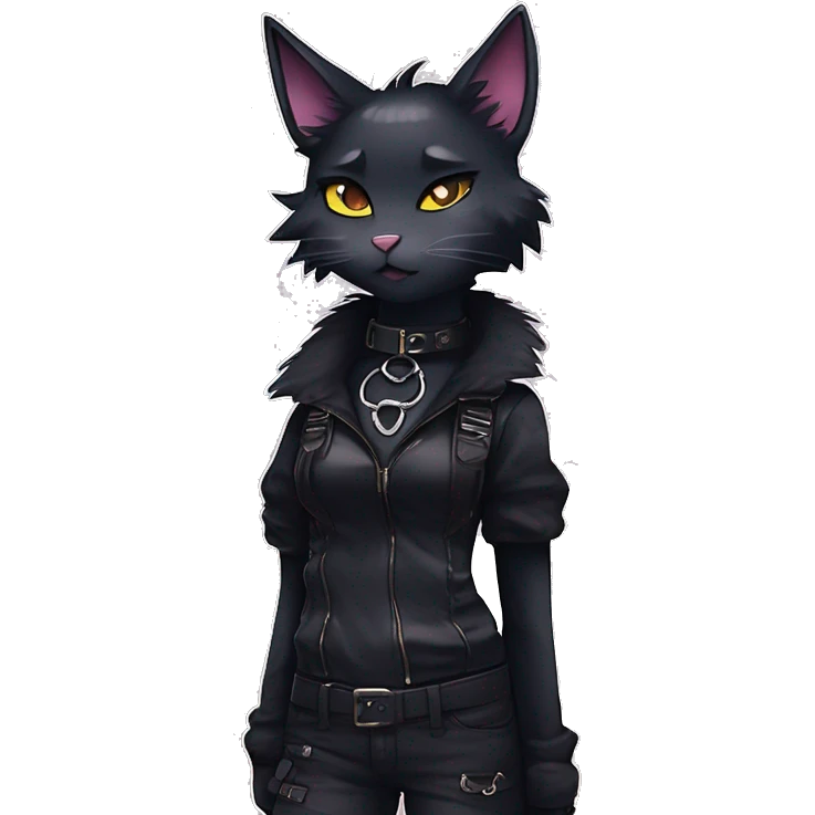 Gorgeous furry gothic dark techwear anime style anthro black cat furry sona Fakemon with blushing face aesthetic and pretty edgy black with collar and harness trending style emoji