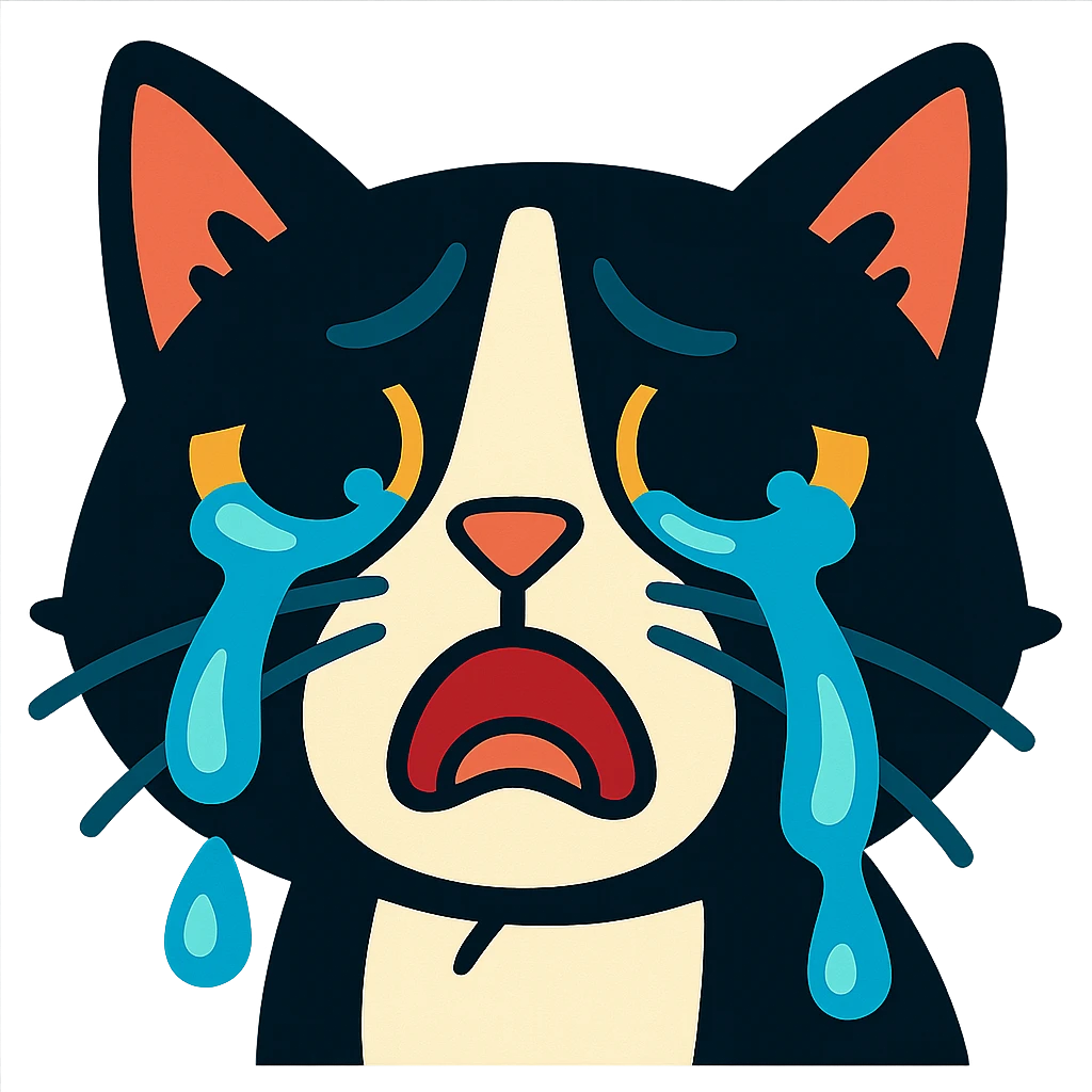 crying tuxedo cat with dramatic tears streaming, close-up face, vibrant toon style emoji