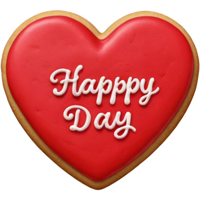 Heart-shaped cookie with red icing emoji, write 'Happy Valentine's day' on top of the red icing in white icing emoji