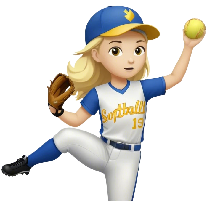 Blonde softball player wearing blue and yellow pitching softball emoji