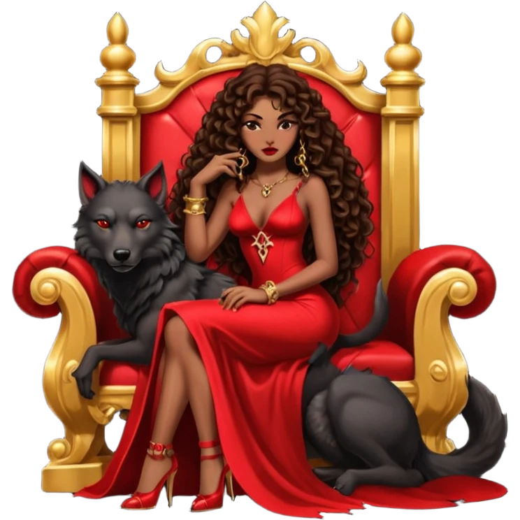 Lilith symbol seductress evil brown curly long hair haired, sexy succubus woman with red and black Chanel dress sitting on a Black and gold throne. A large black wolf laying beside he emoji