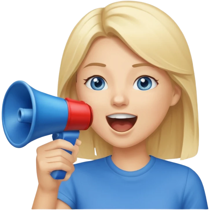  blue eyes blonde girl yelling into megaphone smiling emoji
