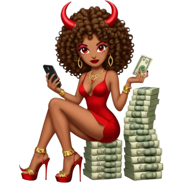 seductress evil brown curly haired sexy drug lord woman with clear glittery platform heels on her feet and devil red horns on her head, holding a stack of cash, has a phone in other hand emoji