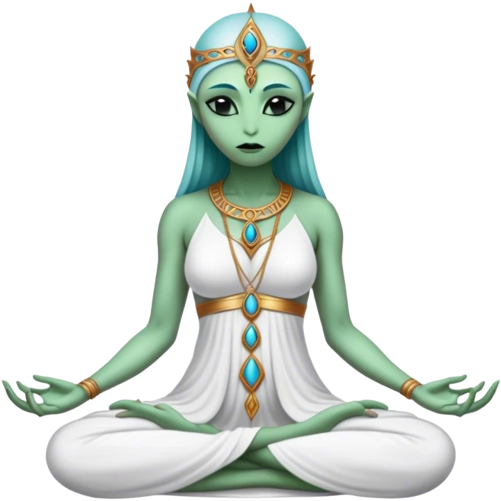 a Reptilian alien woman,in meditation, white dress like a priestess emoji