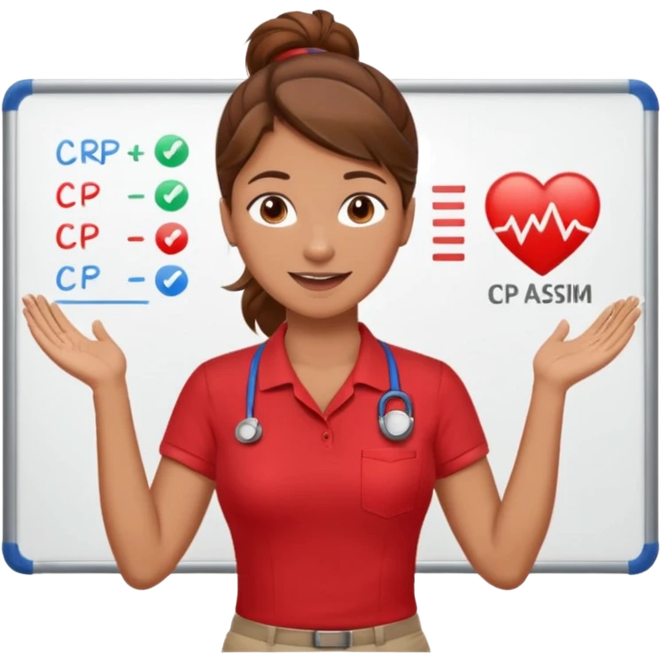 Happy instructor female brown hair whit board hair up red shirt add CPR to white board emoji