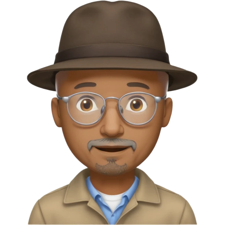 Brown man with wide rimmed hat no hair, gray goatee, clear glasses and slightly smiling emoji