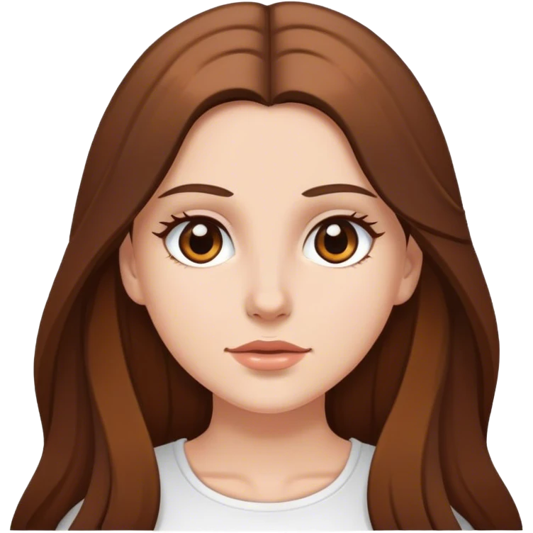 A white girl with long brown hair and brown eyes. She is iconic and is wearing a white top emoji