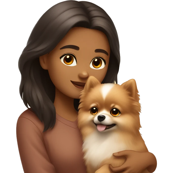 A girl with brown eyes and Tiber coloring hugs a beige pomeranian puppy emoji
