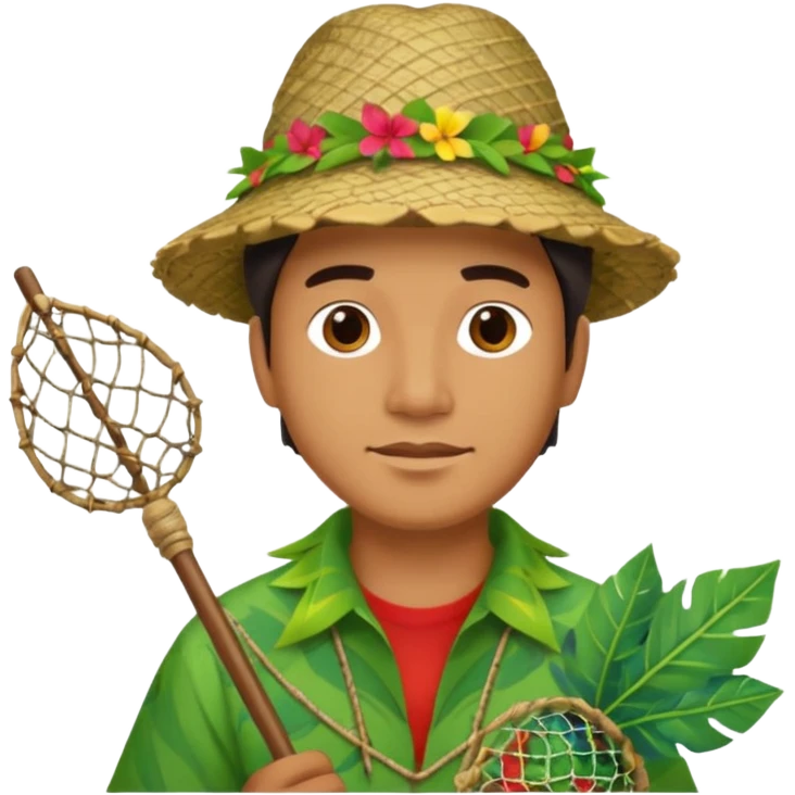Hawaiian man with leaf hat and fishing net and colorful cloth emoji