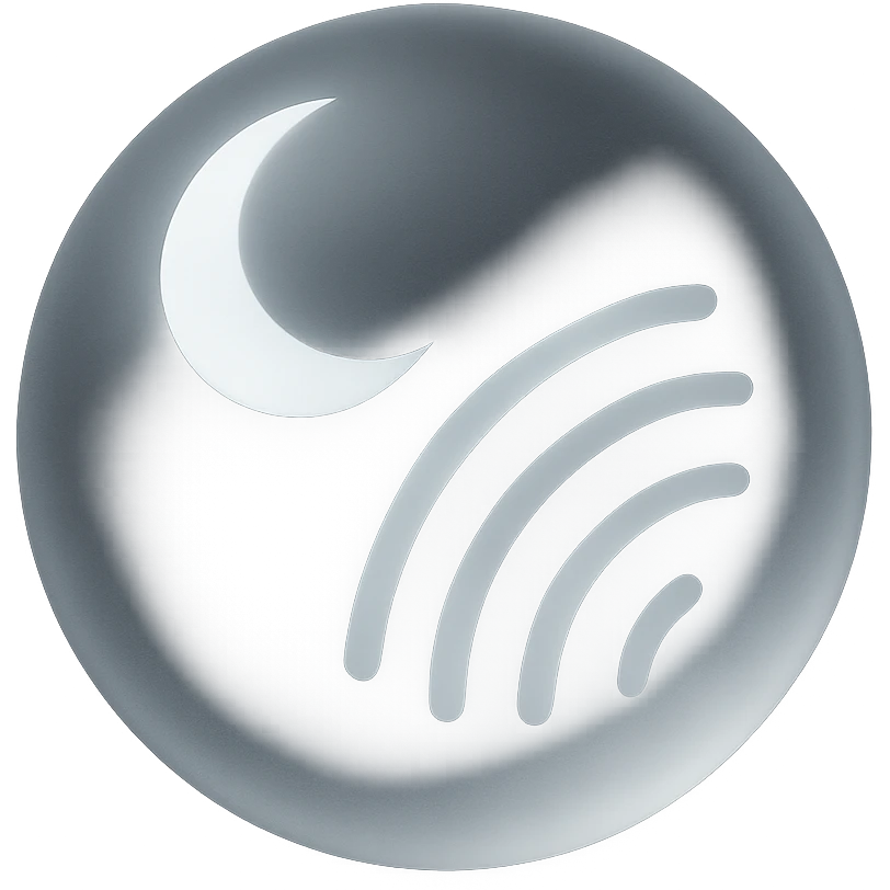 abstract logo: dark gray sphere with gradient, white crescent moon in the upper left corner, three white curved lines like a stylized fingerprint emoji