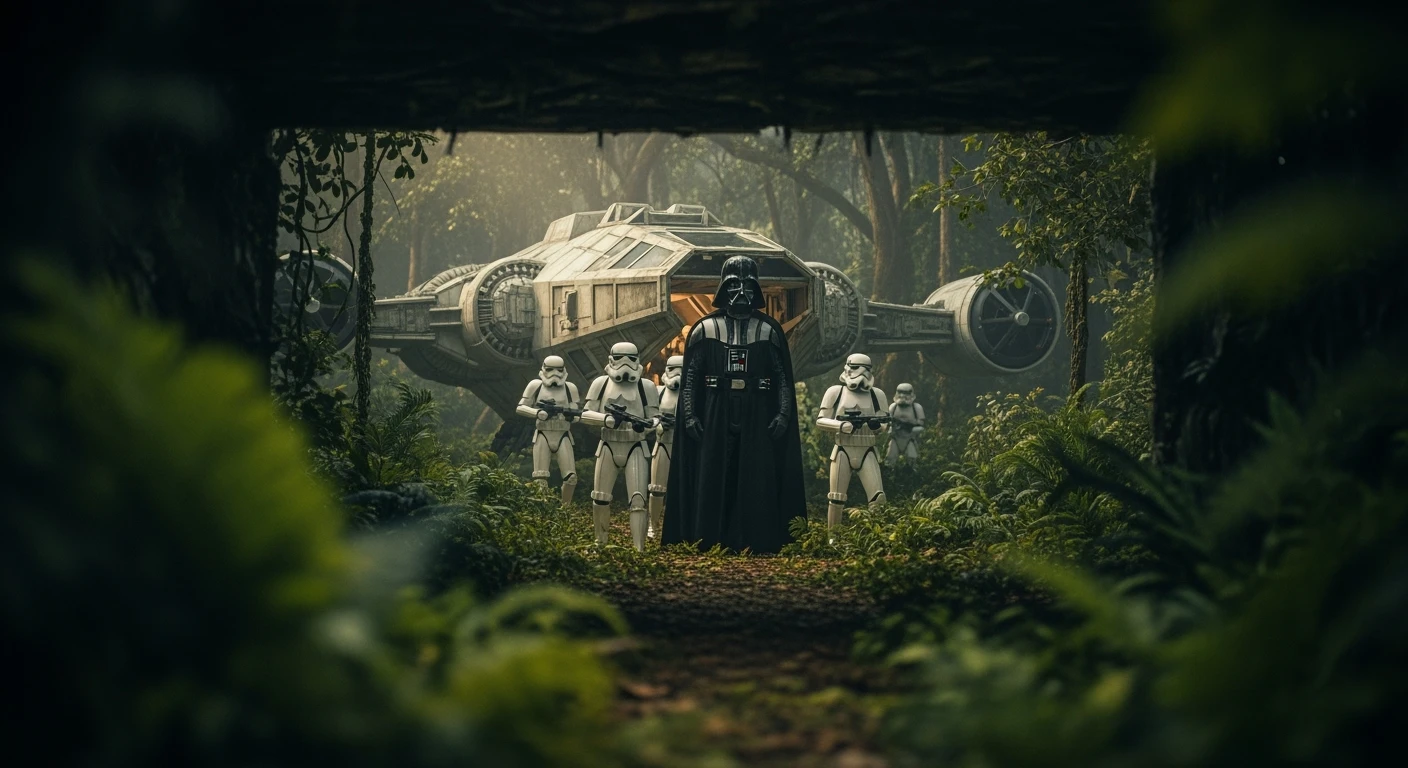 cinematic still, Closeup shot, amazon jungle,  blurred plants in the foreground (frame within a frame), Darth Vader around stormtroopers coming out from starship on ground, they are exploring the jungle, inspired by StarWars movie, captured by arri alexa emoji