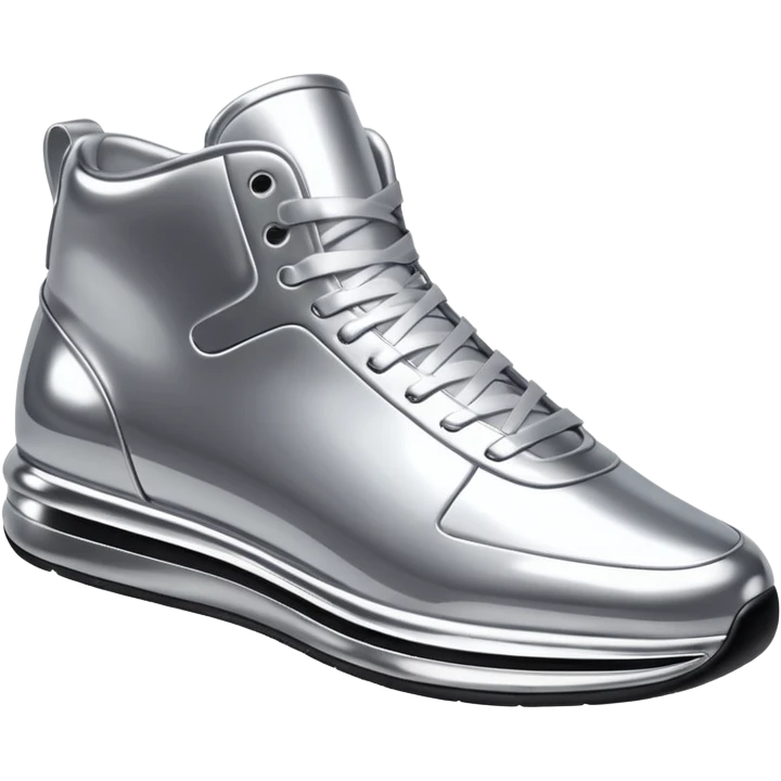 A pair of futuristic sneakers emoji made of silver chrome, sleek streetwear design, smooth metallic panels, subtle reflections, luxury swag aesthetic, iOS emoji style, centered, clean white background emoji