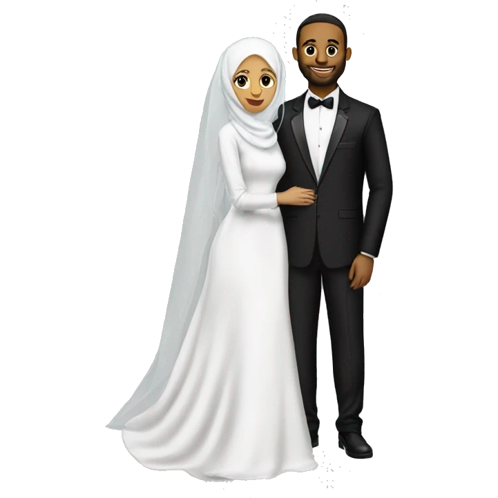 Hijabi modest bride next to groom in tux emoji