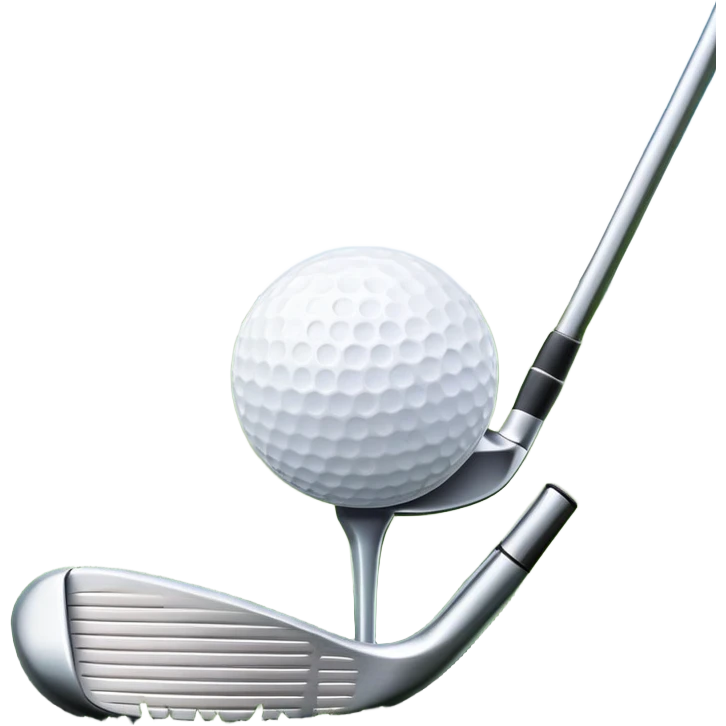 A golf ball on a tee, with a golf club placed beside it on the lush green fairway. The background shows a serene golf course with neatly trimmed grass and a clear blue sky, emphasizing the elegance and precision of the game. emoji