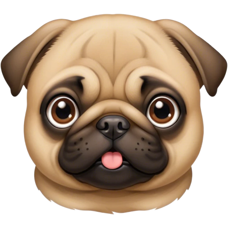 Cinematic Cute Fawn Pug Portrait Emoji, Head tilted playfully and inquisitively, featuring a smooth fawn coat with a subtle sheen, round, sparkling dark eyes filled with curiosity, Simplified yet irresistibly adorable features, highly detailed, glowing with a warm, friendly glow, high shine, affectionate and lively, stylized with a touch of whimsy, bright and endearing, soft glowing outline, capturing the essence of a mischievous yet loving pup, so playful it feels like it could bounce out of the screen and into your arms! emoji