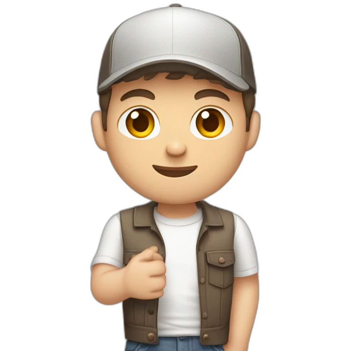 Pale skinned fit Man with dark brown hair in a light gray cap, dark brown jeans, brown polo and white T-shirt keeping a pasted with tape white box into his hands emoji