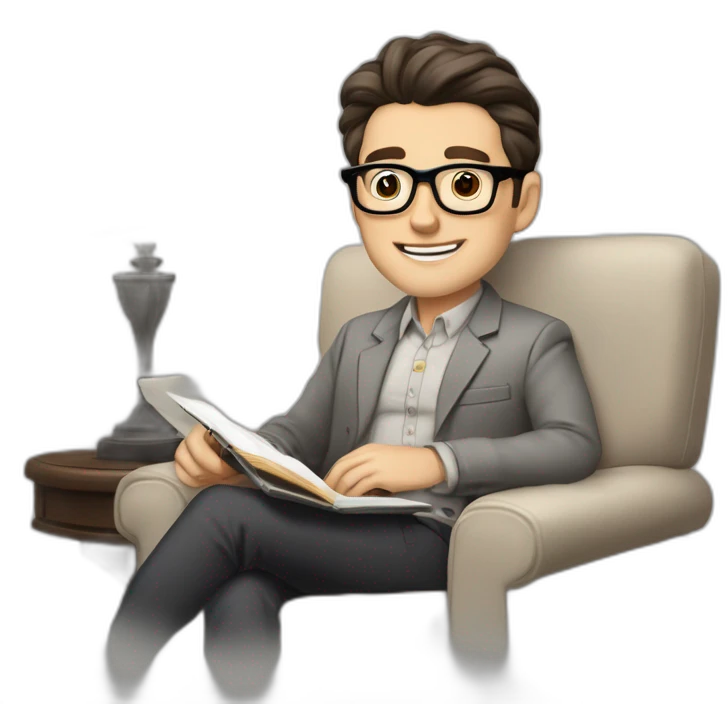 Pale skinned Fit Man With dark brown hair in gray jacket, beige office shirt and vintage glasses sitting In a soft chair with a notebook with emblem Ψ and a pen in his hands emoji