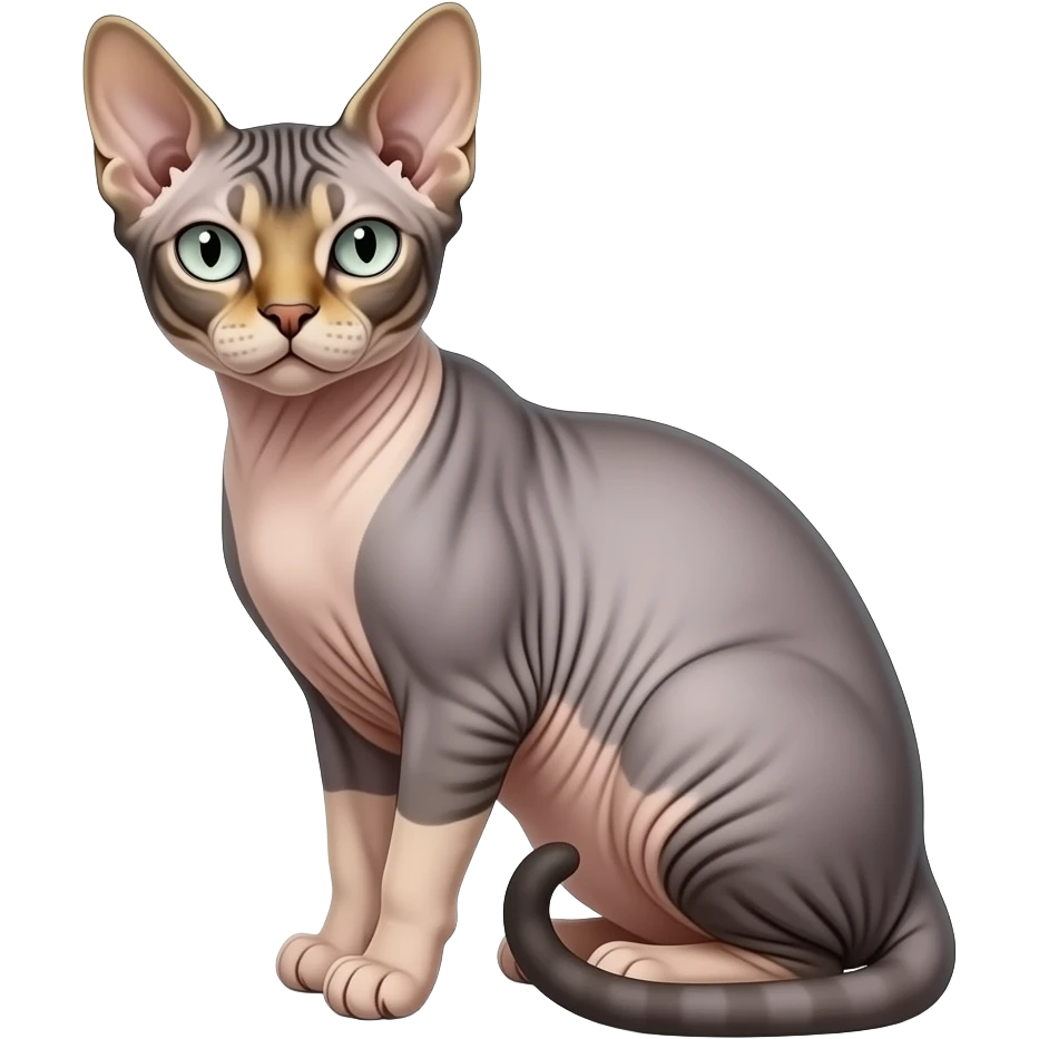Realistic ugly straight-sitting Peterbald cat, back facing to the left, facing forward emoji
