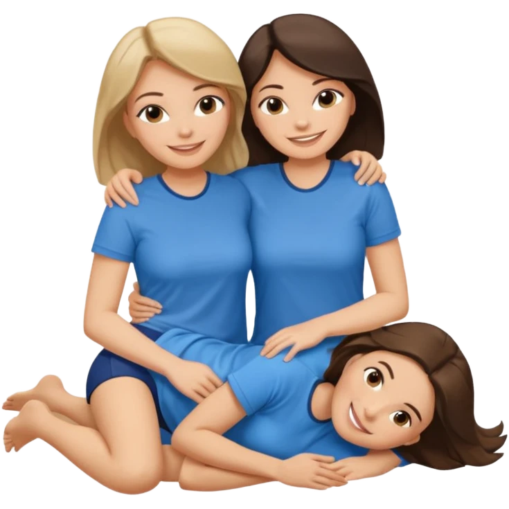 two white brunette women lying down full body on top of each other wrapped around each other one wearing a blue shirt emoji