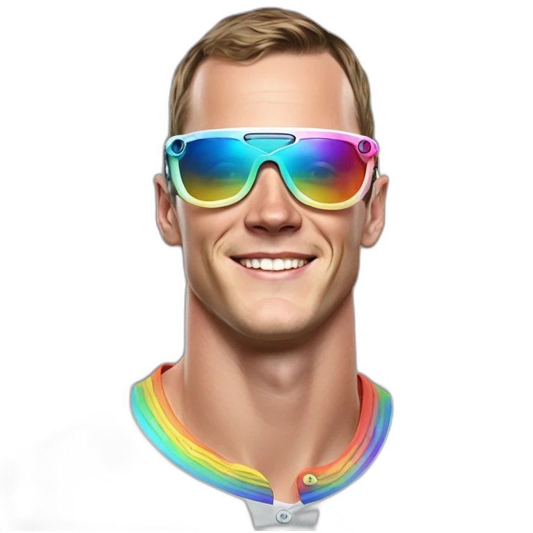 Fancy disco Jonathan Toews wearing rainbow lace shirt and wearing VR glasses emoji