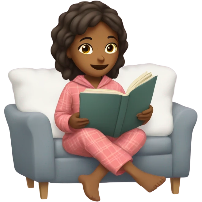 Brown girl reading book with cozy pijama emoji