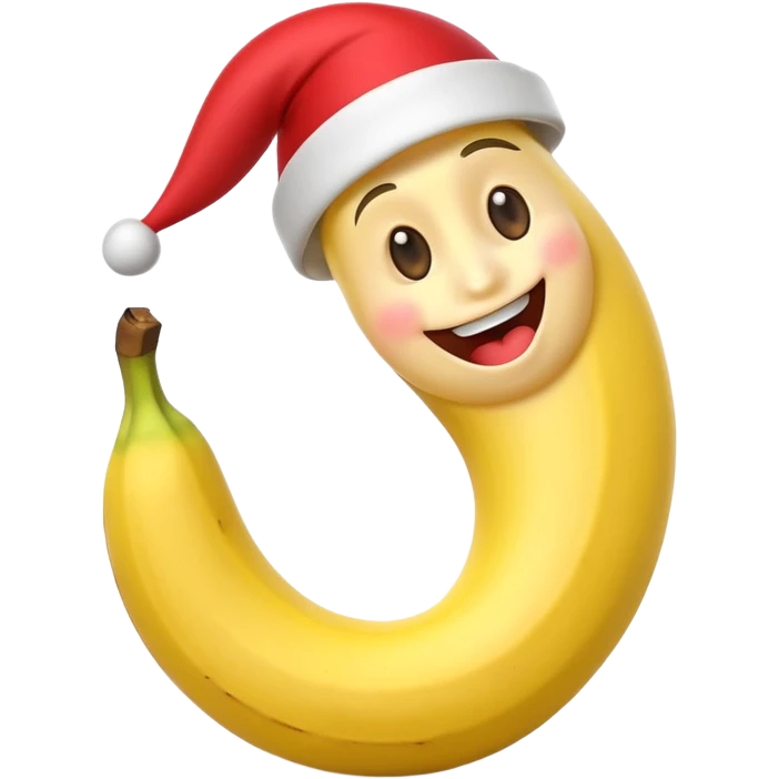 A 3D cartoon banana with a red nose and tiny hat, smiling face, playful pose, Memoji-style. emoji