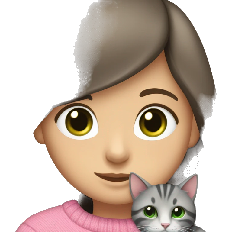 Brunette girl with long hair and green eyes in a pink sweater hugs a gray striped cat. The cat has brown eyes emoji