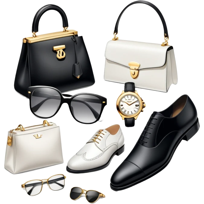 1 bag and 1 watch, and 1 glasses, 1 pair of shoes, and 1 watch rolex, all BLACK AND WHITE AND SILVER OR WHITE PLATED GOLD put together like a bundle with no face, all luxury items like lv and prada, and rolex, and balenciaga emoji