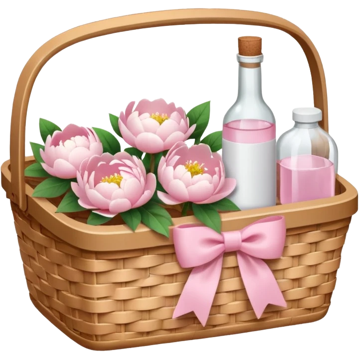 White Picnic basket with light pink bow and white peonies and a pink bottle inside emoji