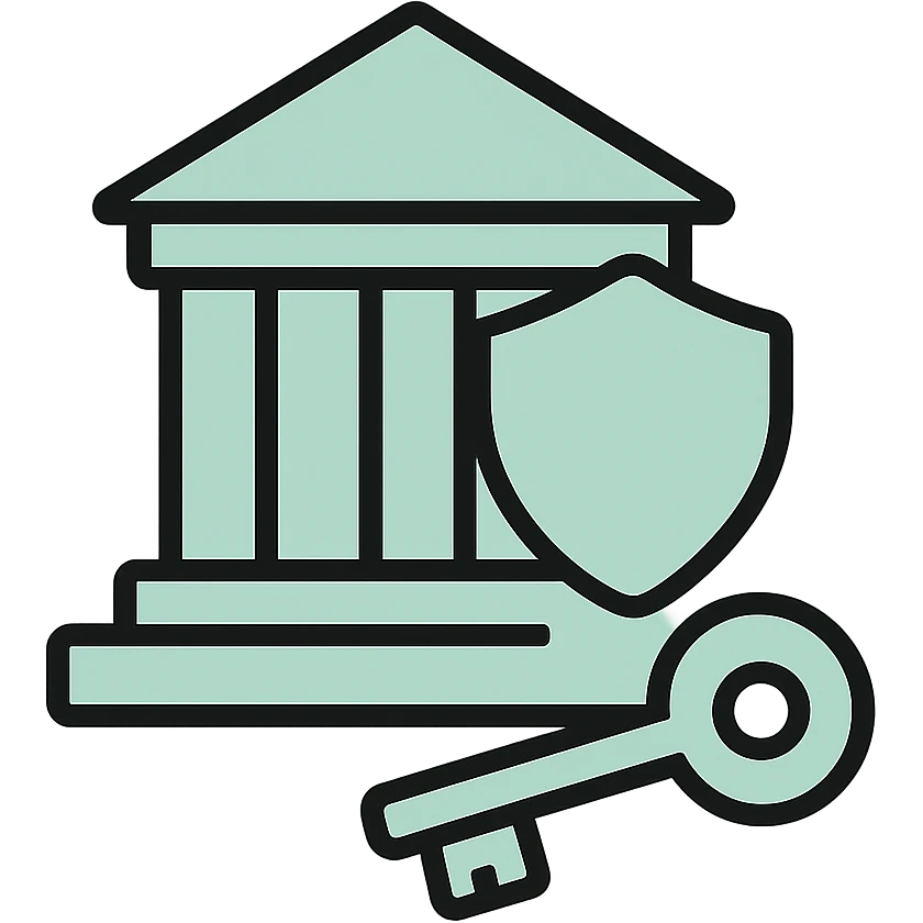 Public property building with shield and key, fluid dimensional design, techy style, black outlines with mint green #B5F4D3 fills emoji