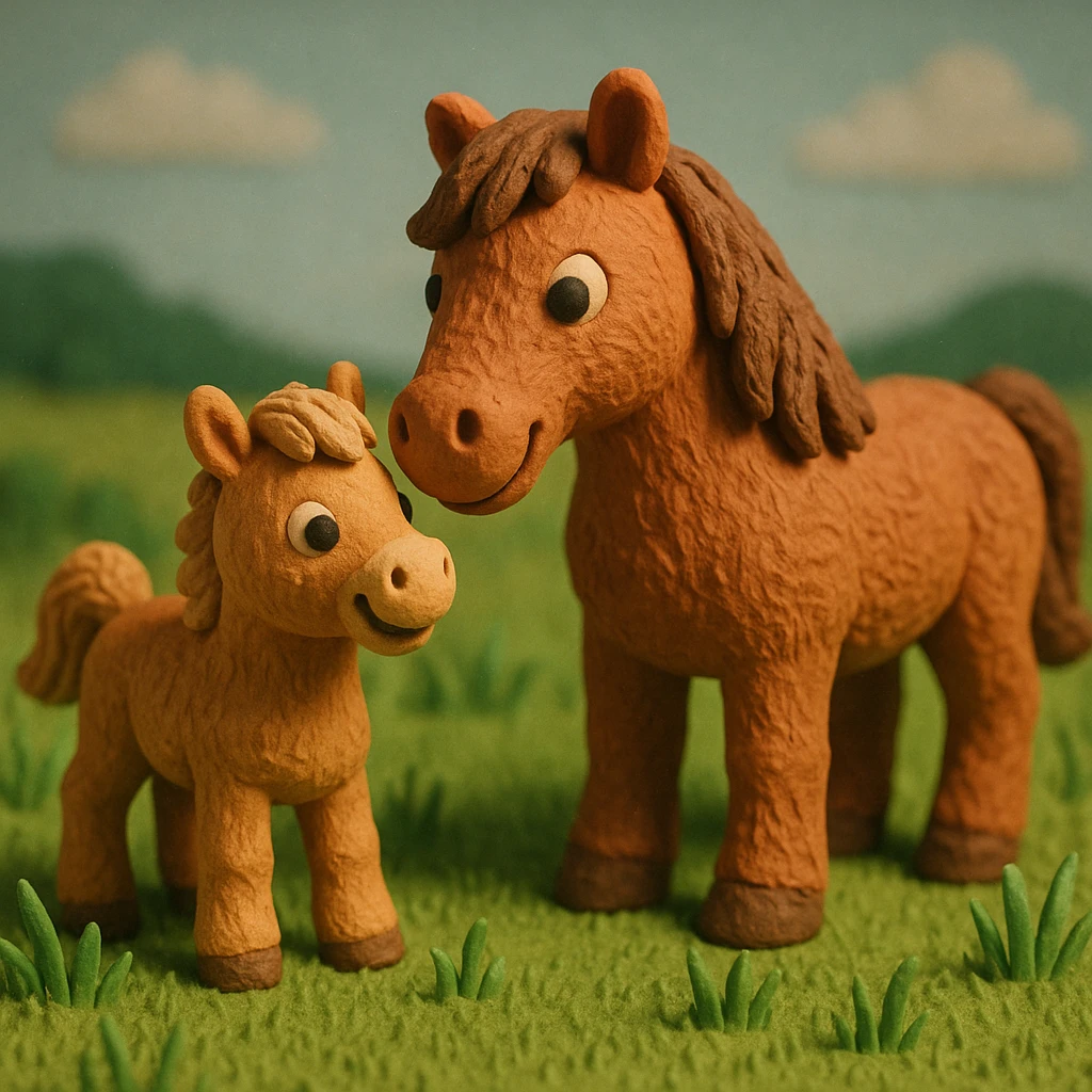 foal and mare together, cute and cheerful, detailed fur, in a grassy meadow, claymation style emoji