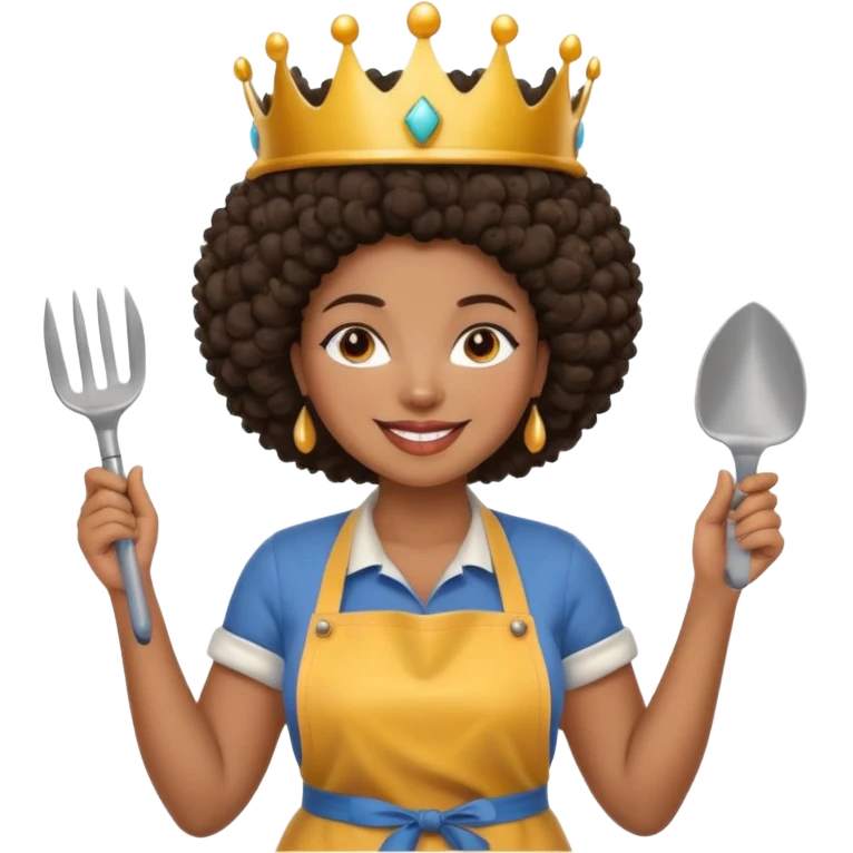 Mujer curvy afro, con vestimenta cómoda y delantal,con una corona sobre su cabeza y sonrisa contagiosa. En la mano herramientas de trabajo pesado emoji