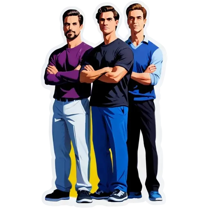 Three men, side-by-side with the arms, stand emoji