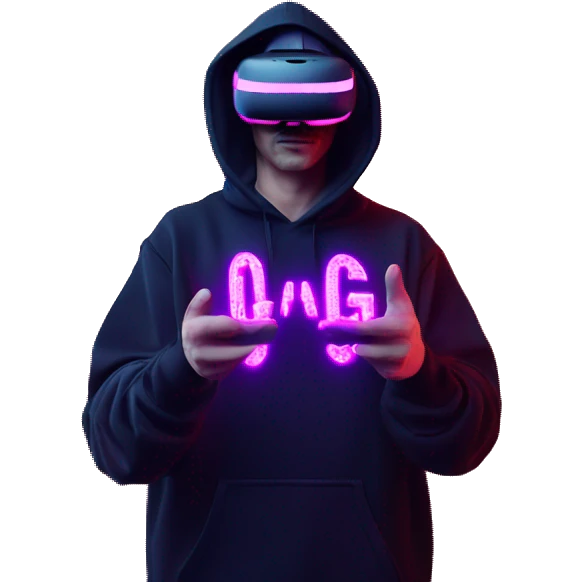 Russian man wearing a black hoodie with "OMG" letters on it and VR headset oculus quest 2 in a cyberpunk VR environment with violet neon lighting. Showing direction with hand emoji