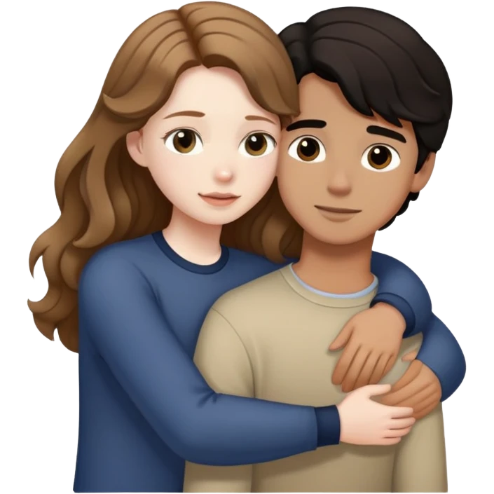 girl with long light brown hair and pale skin hugging a boy with short black wavy hair and tanned skin emoji