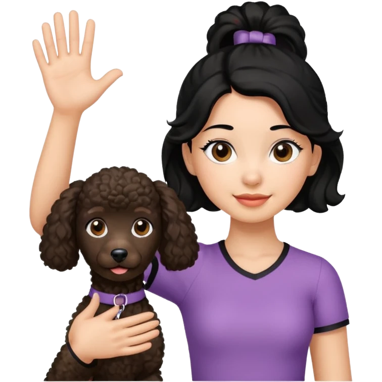 Ponytail black hair girl with brown Poodle say goodbye  emoji