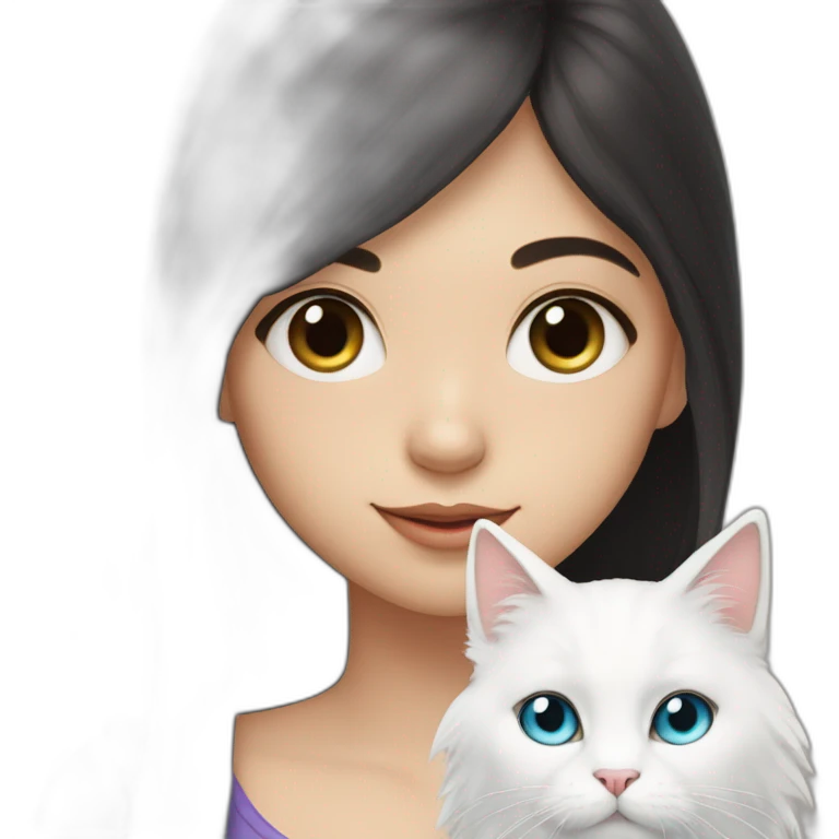 A girl with long dark hair and on her left shoulder and neck lies a white fluffy cat with eyes of different colors emoji